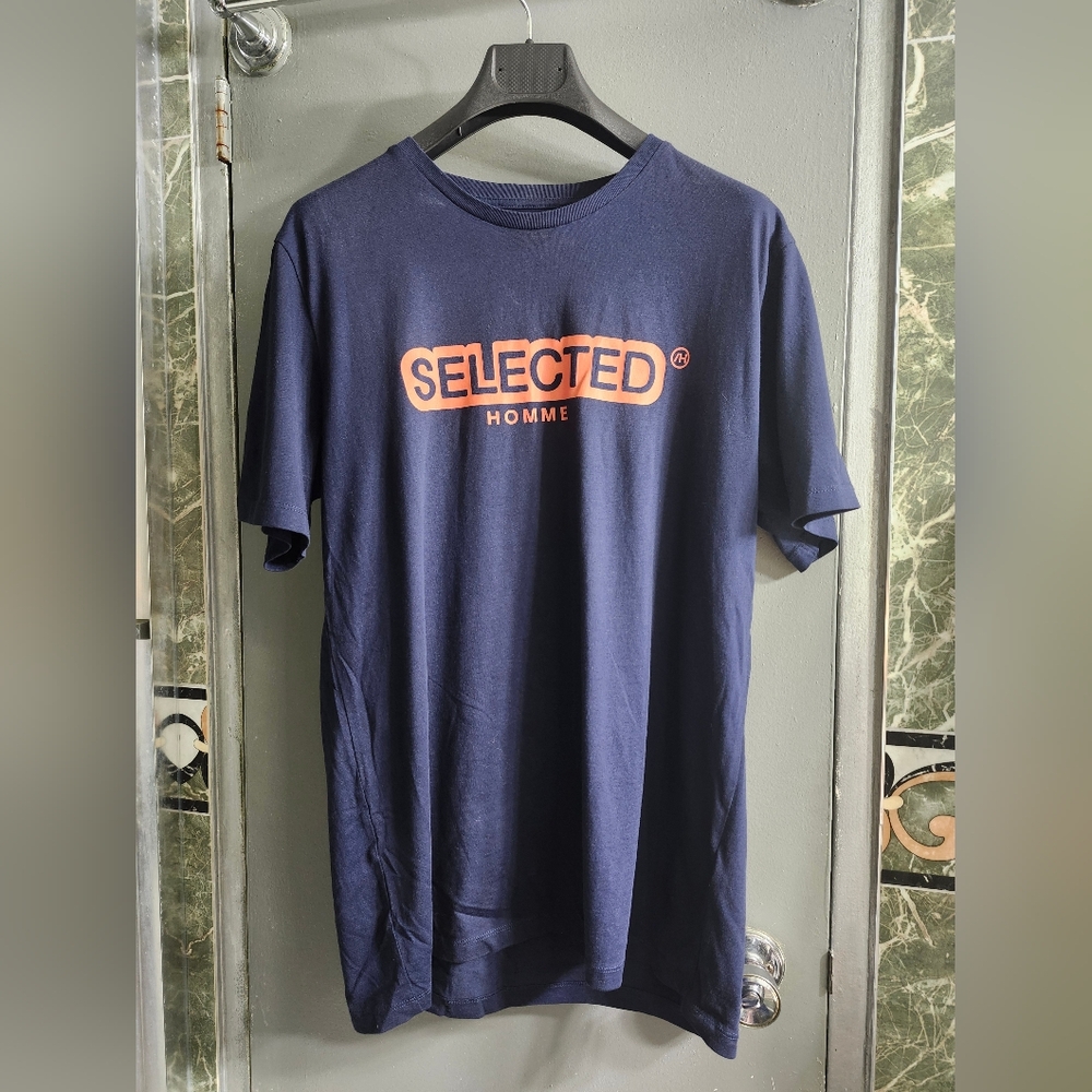 Selected Homme cotton tshirt dark blue peach print large
